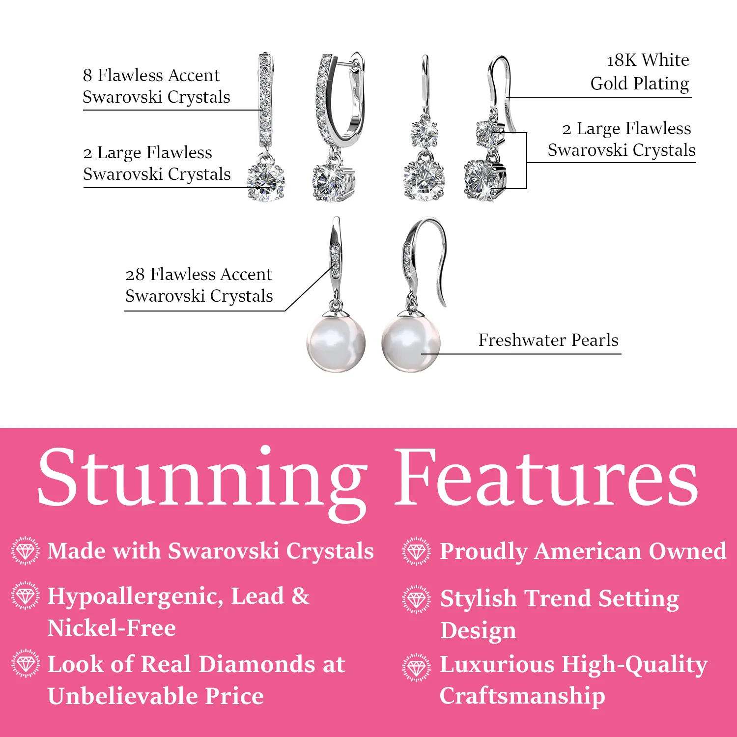 Cate & Chloe Earrings Pack of 3 - McKenzie, Kadence, Betty 18k White Gold Plated Drop Earrings