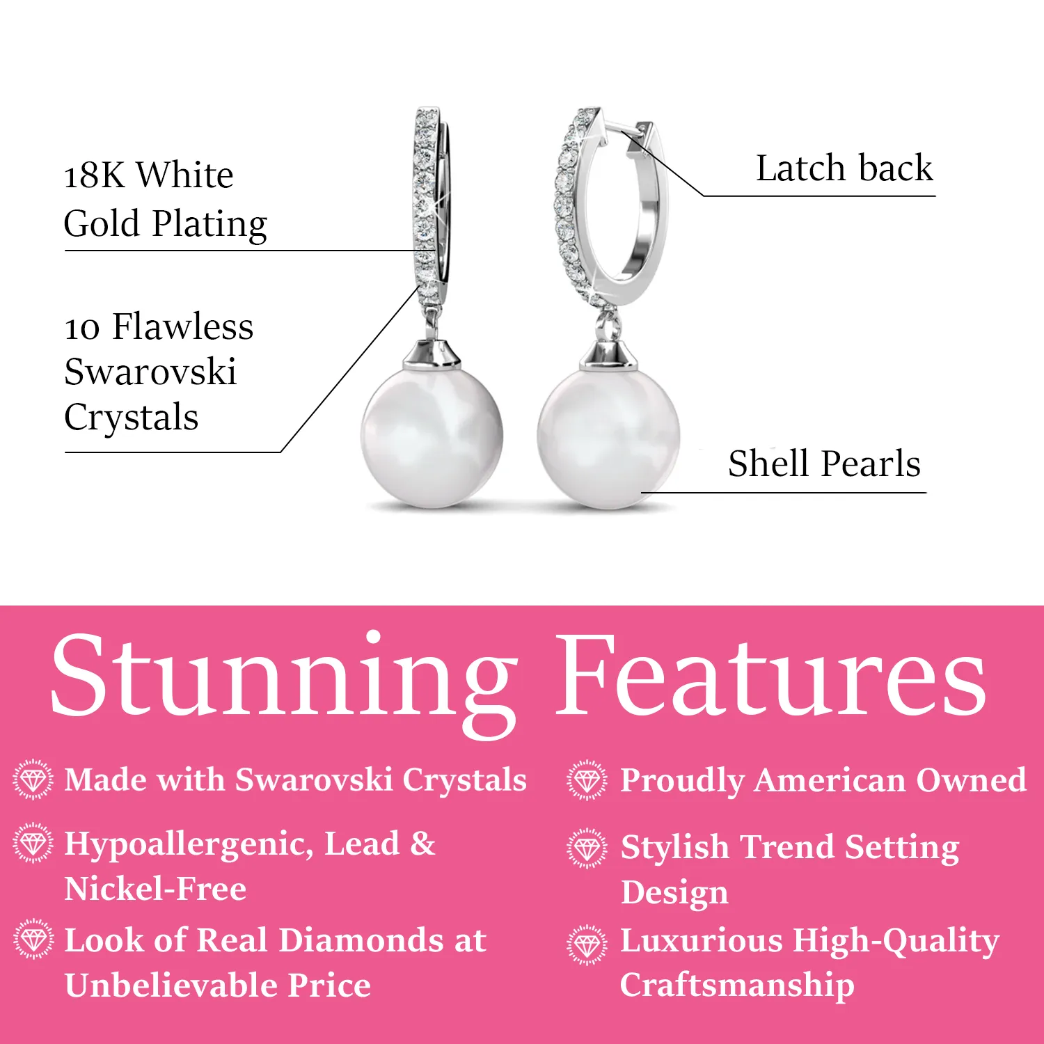 Daphne 18K White Gold Plated Pearl Drop Earrings with Swarovski Crystals