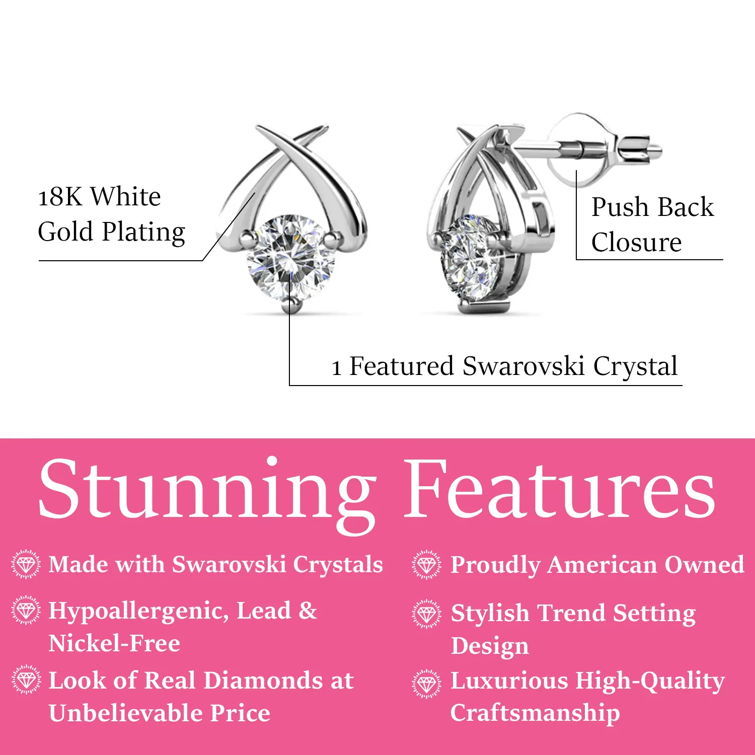 Eloise 18k White Gold Plated Stud Earrings with Solitaire Round Cut Swarovski Crystal