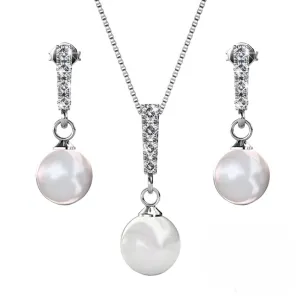 Gabrielle 18k White Gold Plated Pearl Drop Earrings and Necklace Jewelry Set with Swarovski Crystals