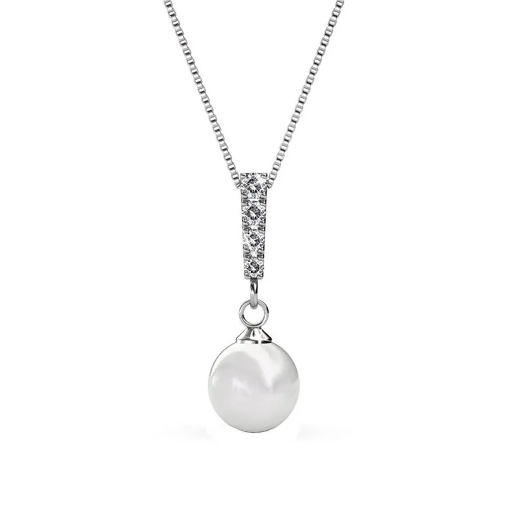 Gabrielle 18k White Gold Plated Pearl Drop Earrings and Necklace Jewelry Set with Swarovski Crystals