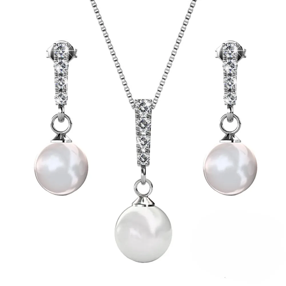 Gabrielle 18k White Gold Plated Pearl Drop Earrings and Necklace Jewelry Set with Swarovski Crystals