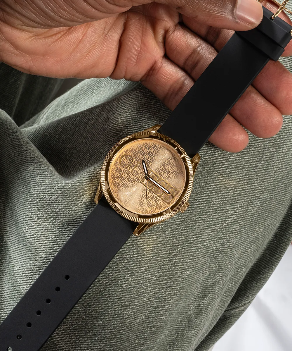 Guess Mens Gold Watches GUESS Mens Black Gold Tone Analog Watch