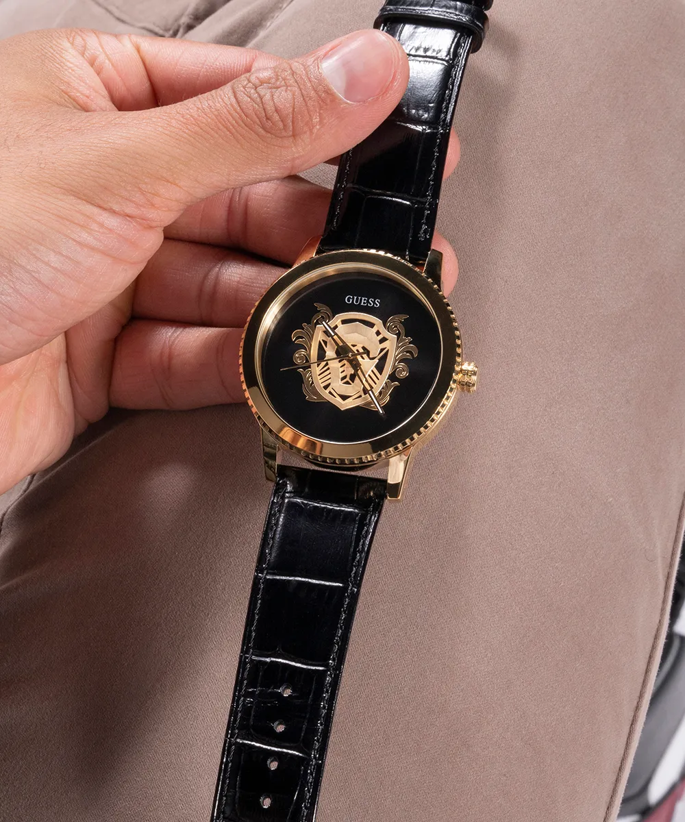 Guess Mens Gold Watches GUESS Mens Black Gold Tone Analog Watch