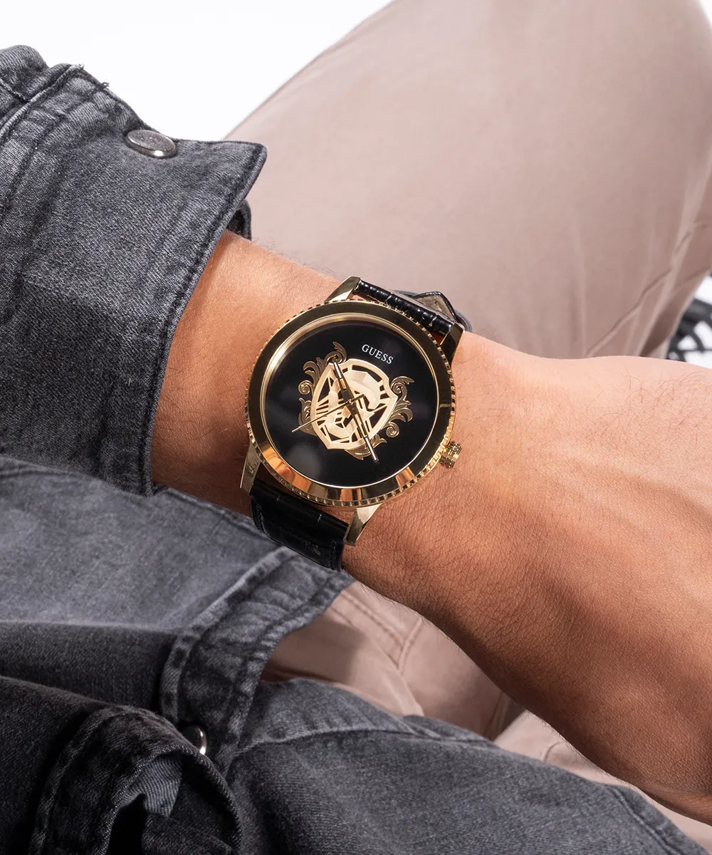 Guess Mens Gold Watches GUESS Mens Black Gold Tone Analog Watch