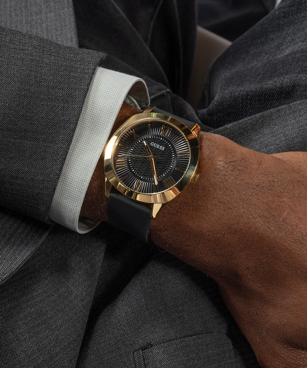 Guess Mens Gold Watches GUESS Mens Black Gold Tone Analog Watch
