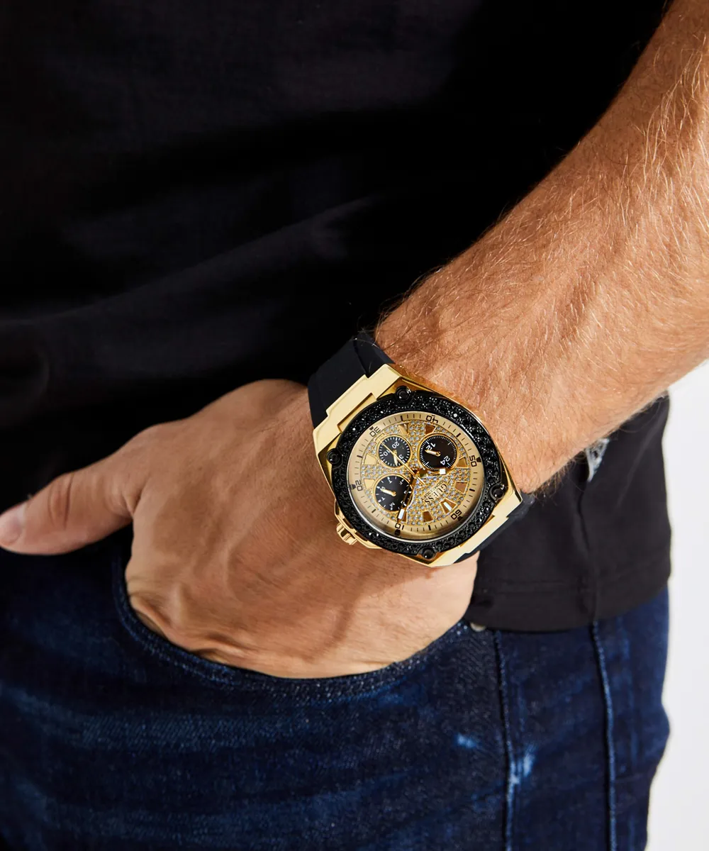 Guess Mens Gold Watches GUESS Mens Black Gold Tone Analog Watch