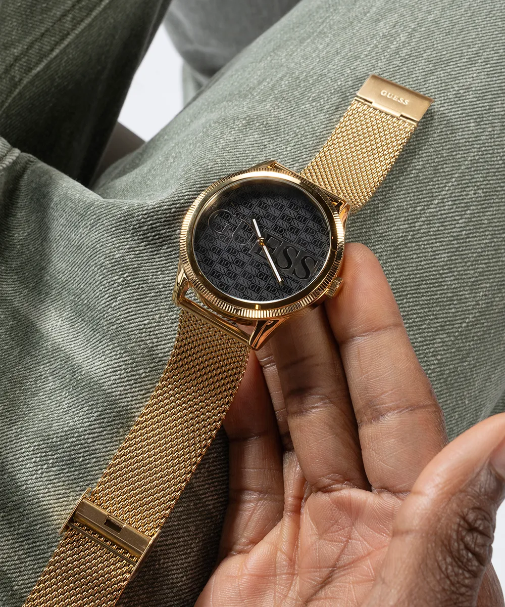Guess Mens Gold Watches GUESS Mens Black Gold Tone Analog Watch