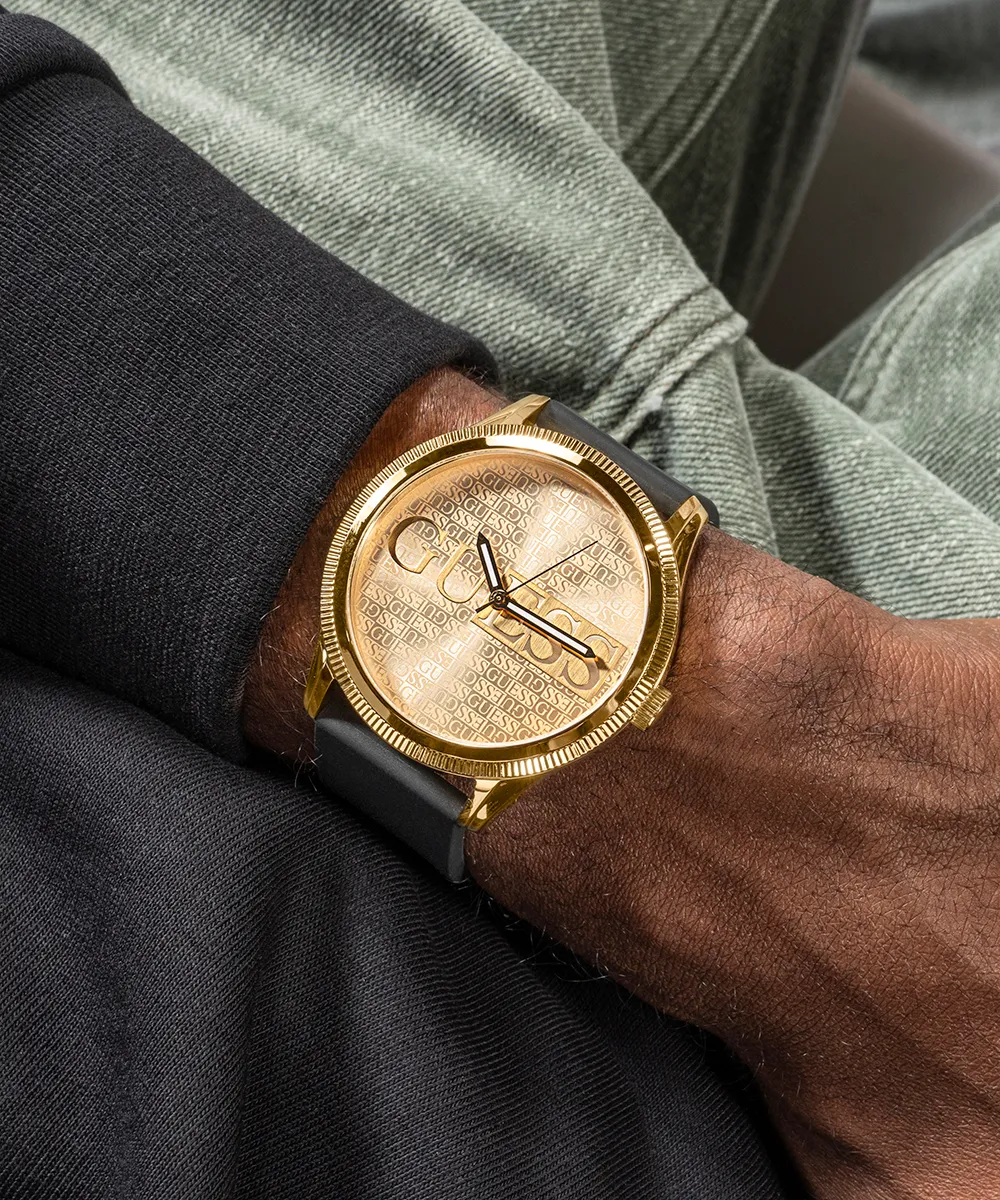 Guess Mens Gold Watches GUESS Mens Black Gold Tone Analog Watch