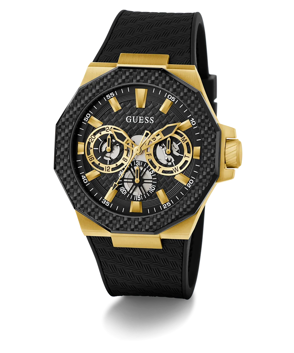 Guess Mens Gold Watches GUESS Mens Black Gold Tone Multi-function Watch