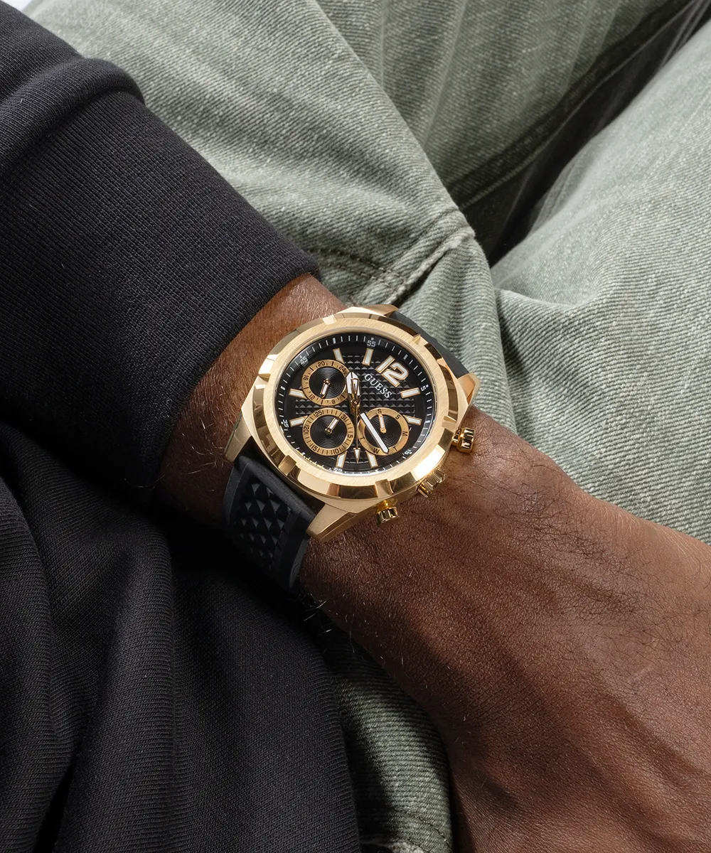 Guess Mens Gold Watches GUESS Mens Black Gold Tone Multi-function Watch