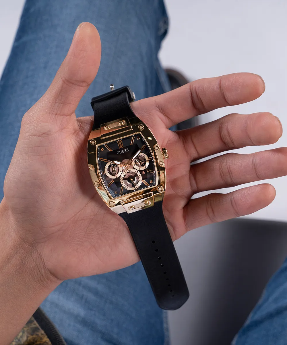 Guess Mens Gold Watches GUESS Mens Black Gold Tone Multi-function Watch