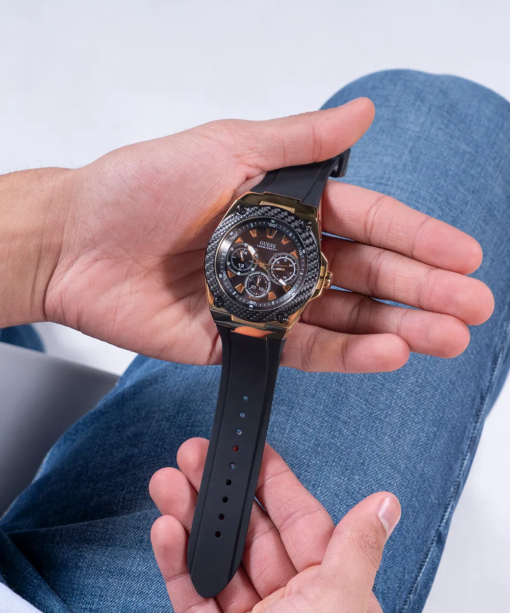 Guess Mens Gold Watches GUESS Mens Black Gold Tone Multi-function Watch