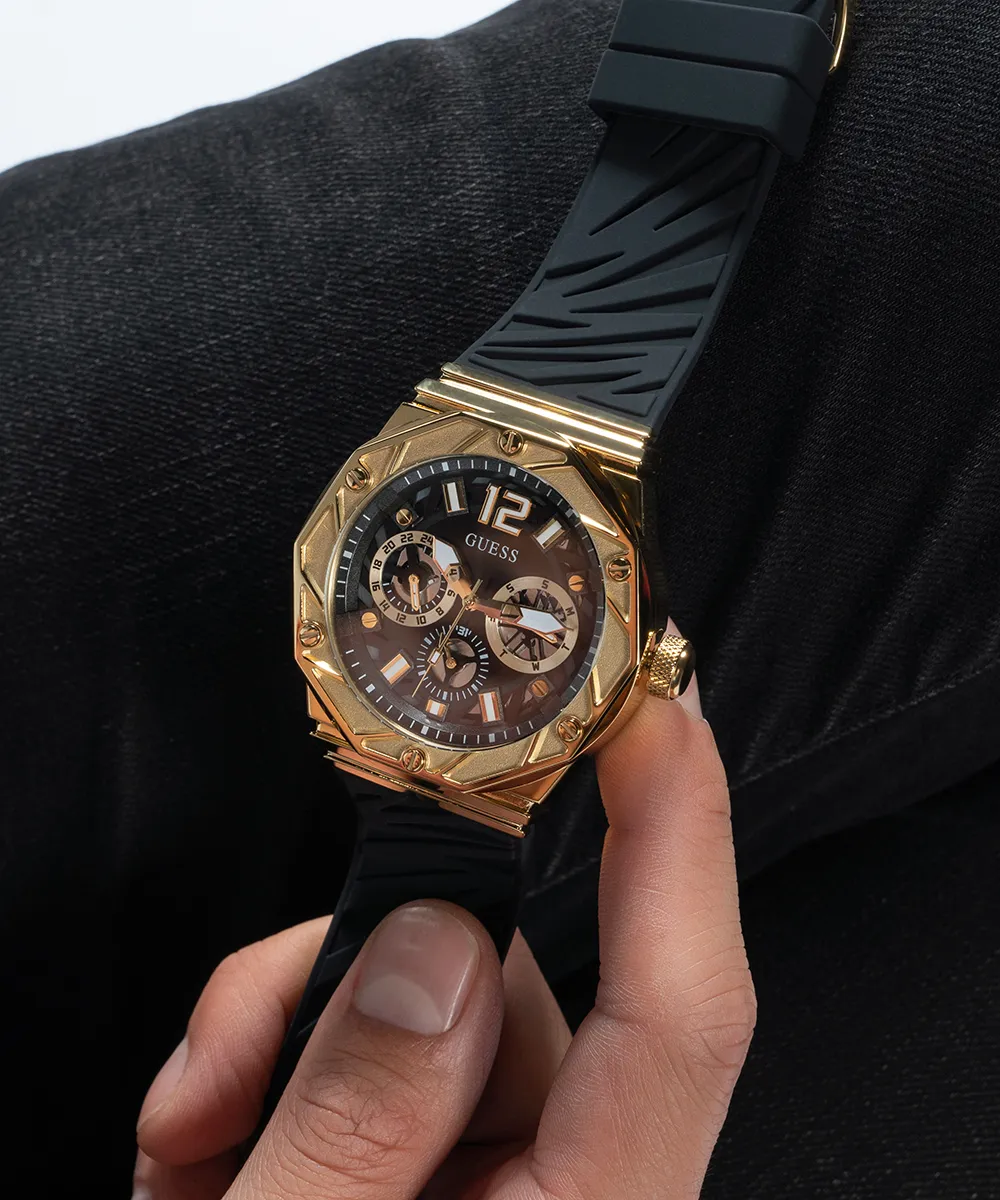 Guess Mens Gold Watches GUESS Mens Black Gold Tone Multi-function Watch