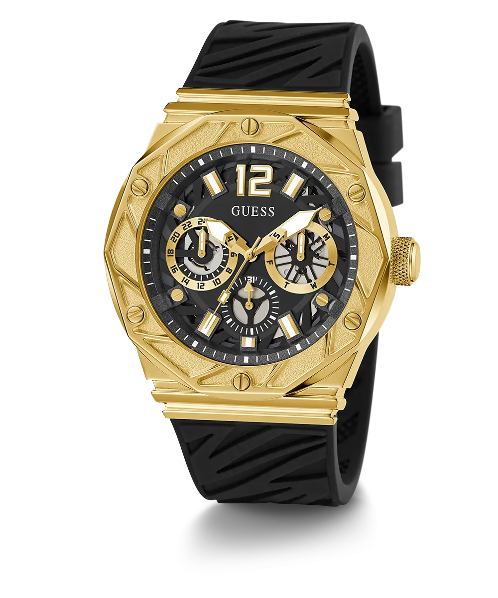 Guess Mens Gold Watches GUESS Mens Black Gold Tone Multi-function Watch