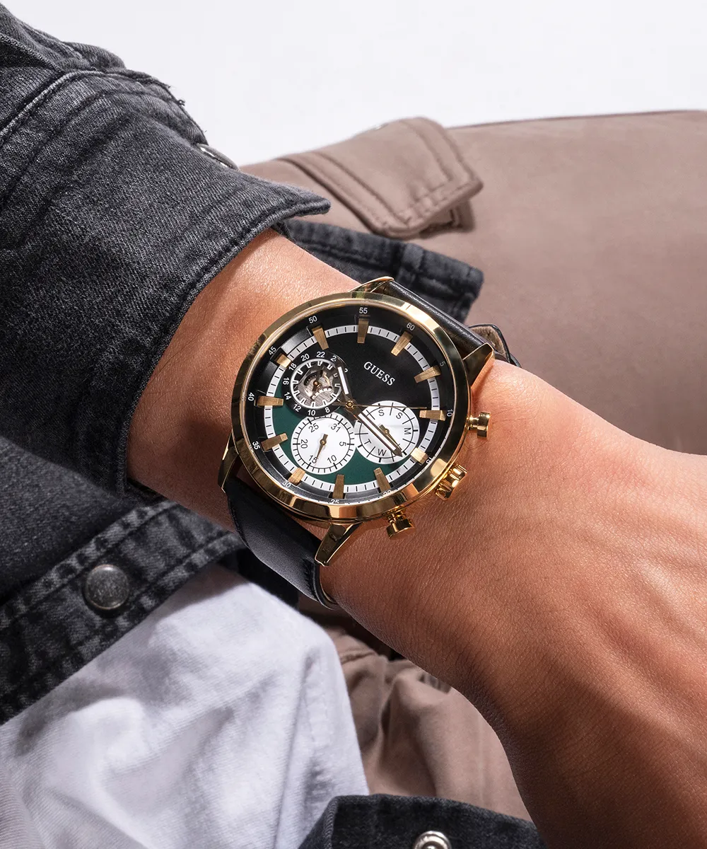 Guess Mens Gold Watches GUESS Mens Black Gold Tone Multi-function Watch