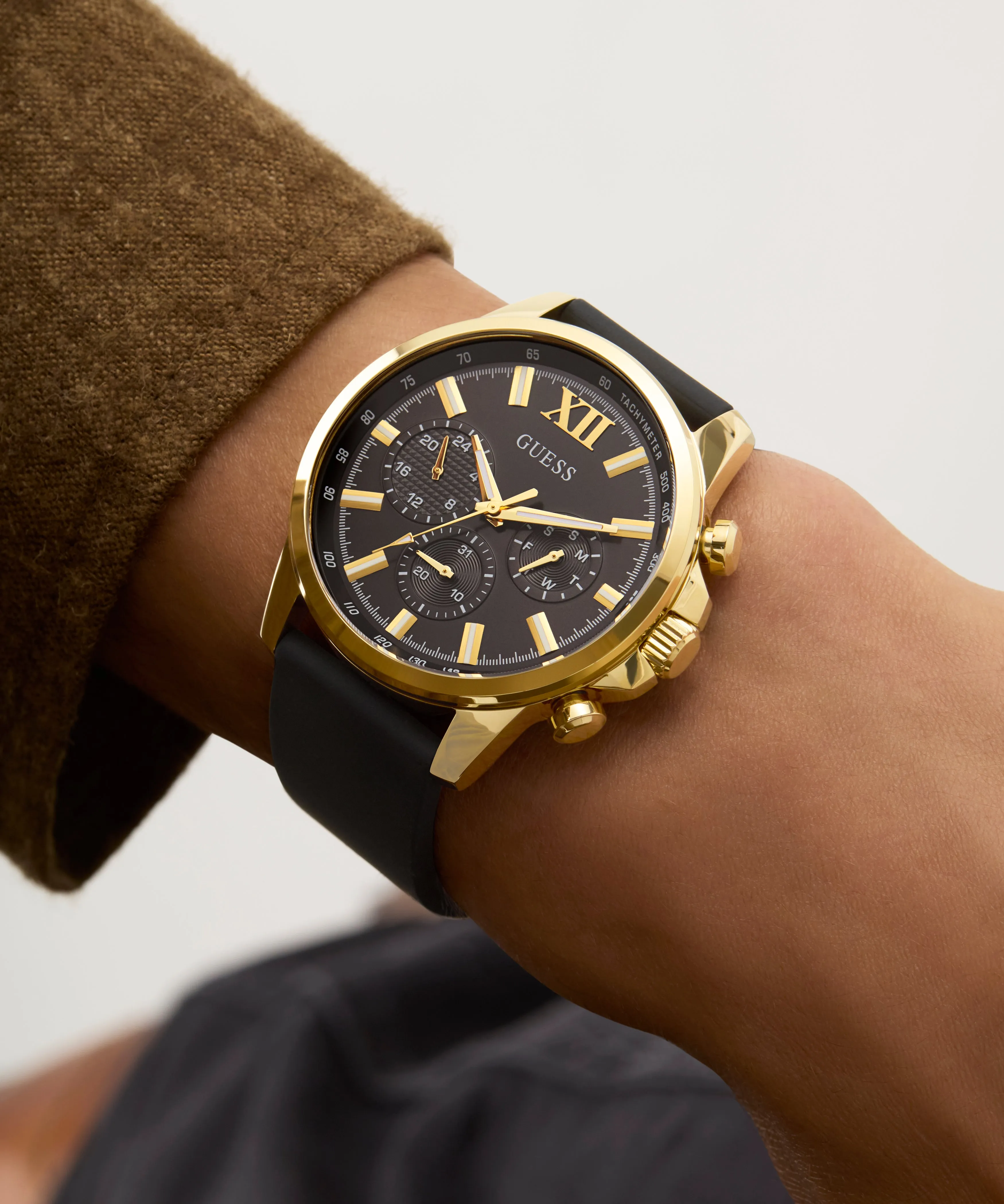 Guess Mens Gold Watches GUESS Mens Black Gold Tone Multi-function Watch
