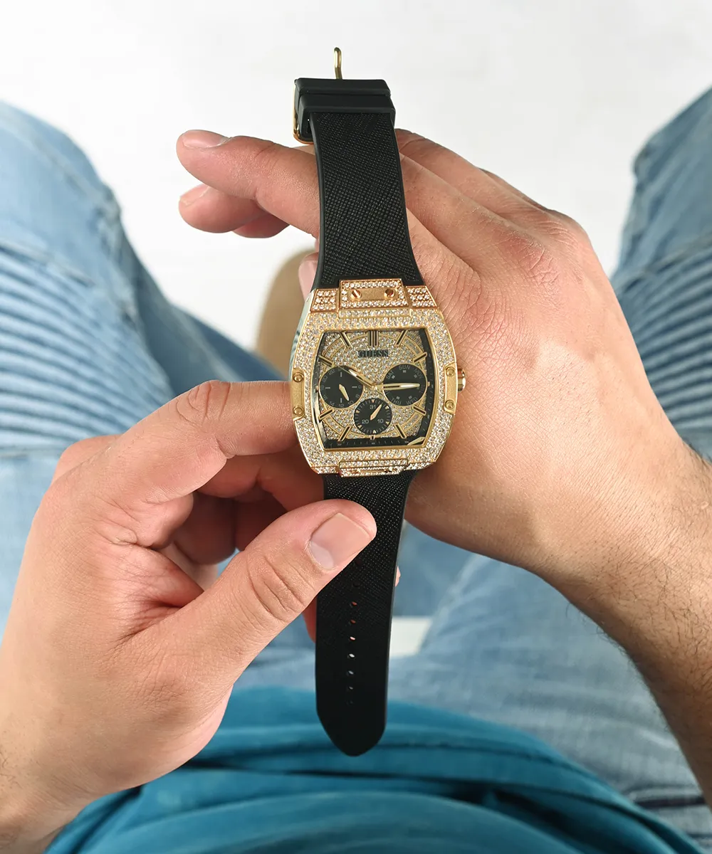 Guess Mens Gold Watches GUESS Mens Black Gold Tone Multi-function Watch