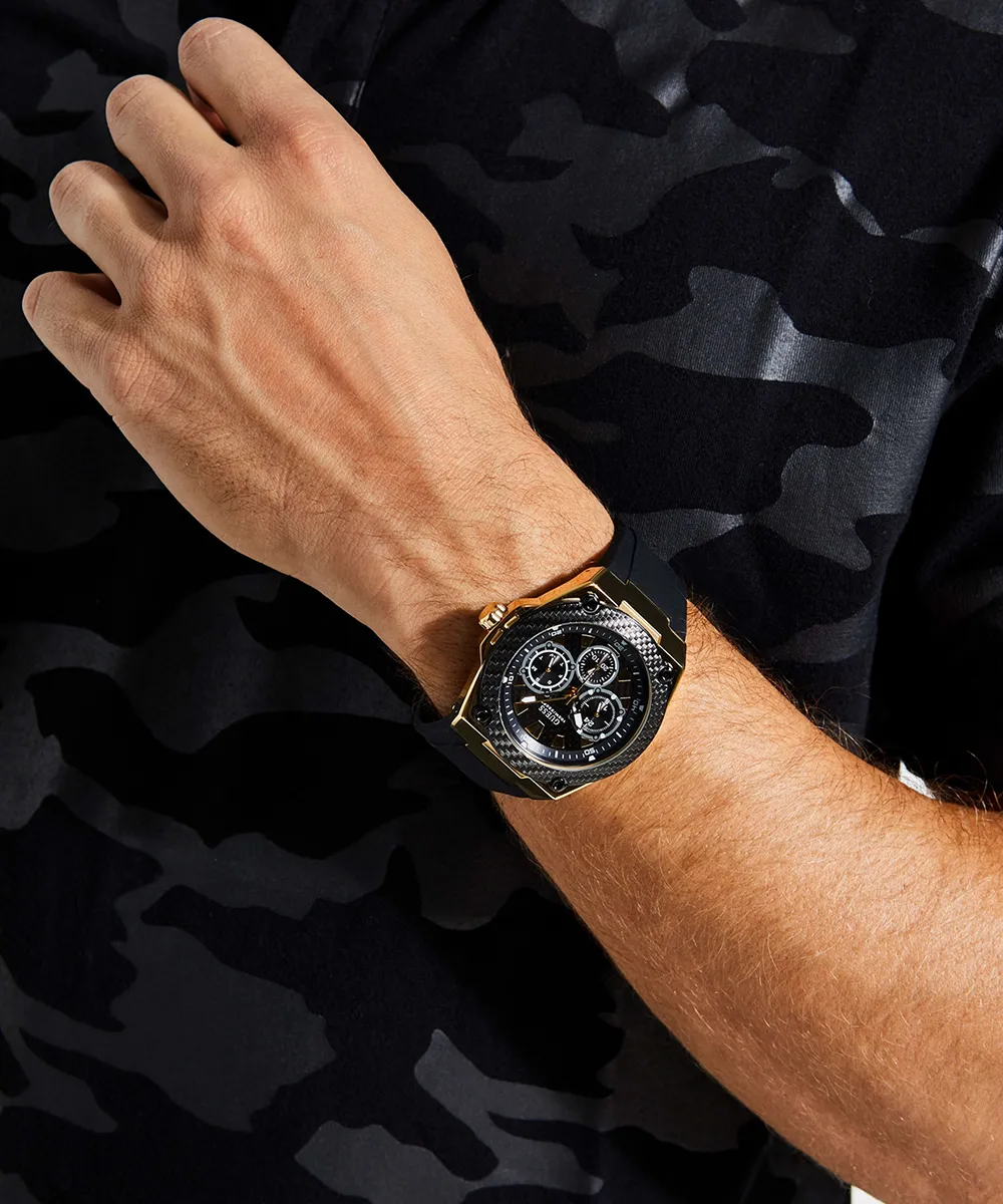 Guess Mens Gold Watches GUESS Mens Black Gold Tone Multi-function Watch