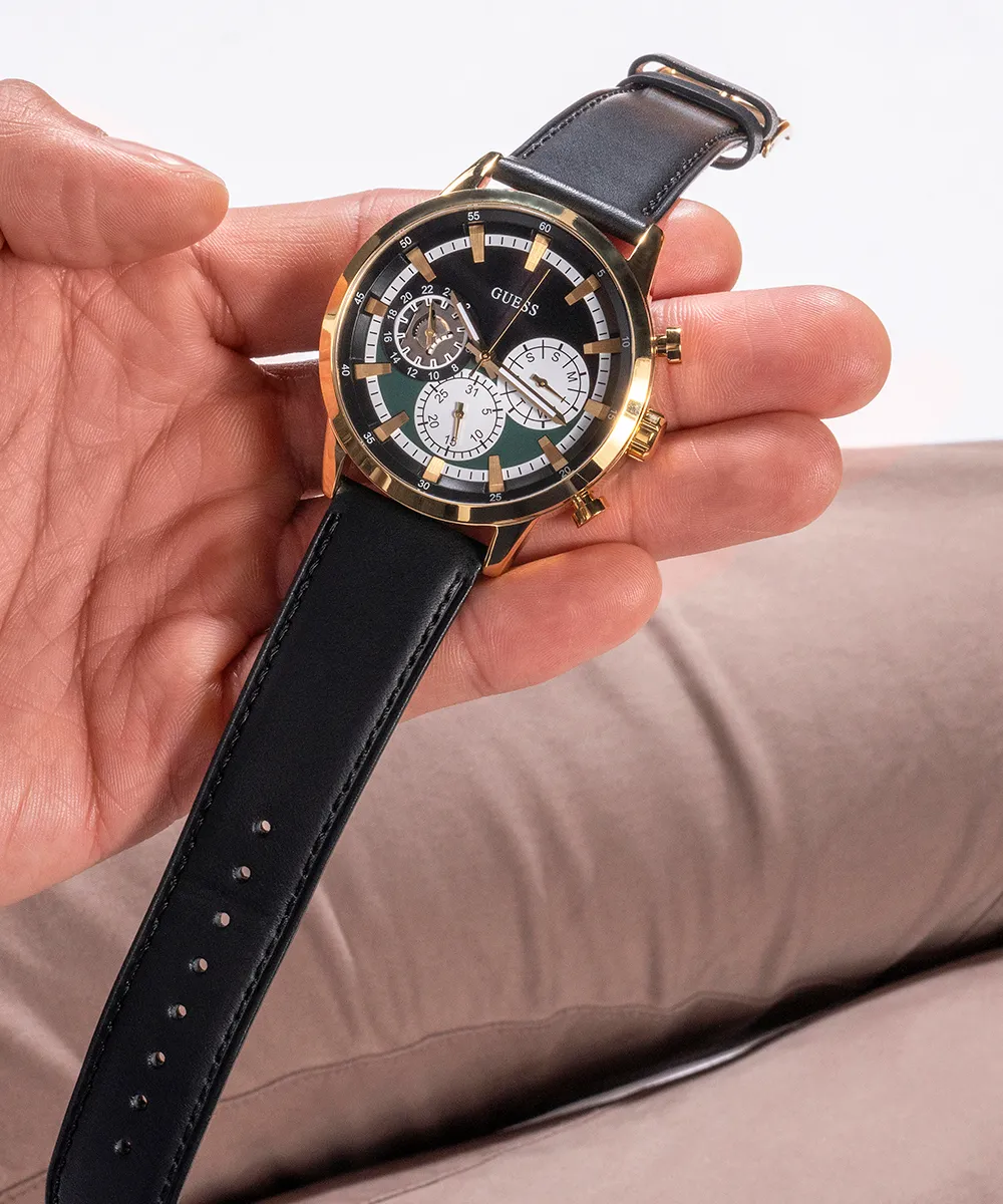 Guess Mens Gold Watches GUESS Mens Black Gold Tone Multi-function Watch