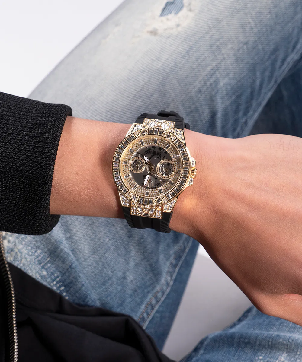 Guess Mens Gold Watches GUESS Mens Black Gold Tone Multi-function Watch