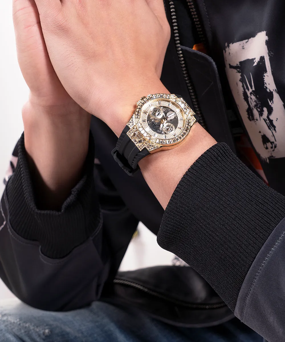 Guess Mens Gold Watches GUESS Mens Black Gold Tone Multi-function Watch