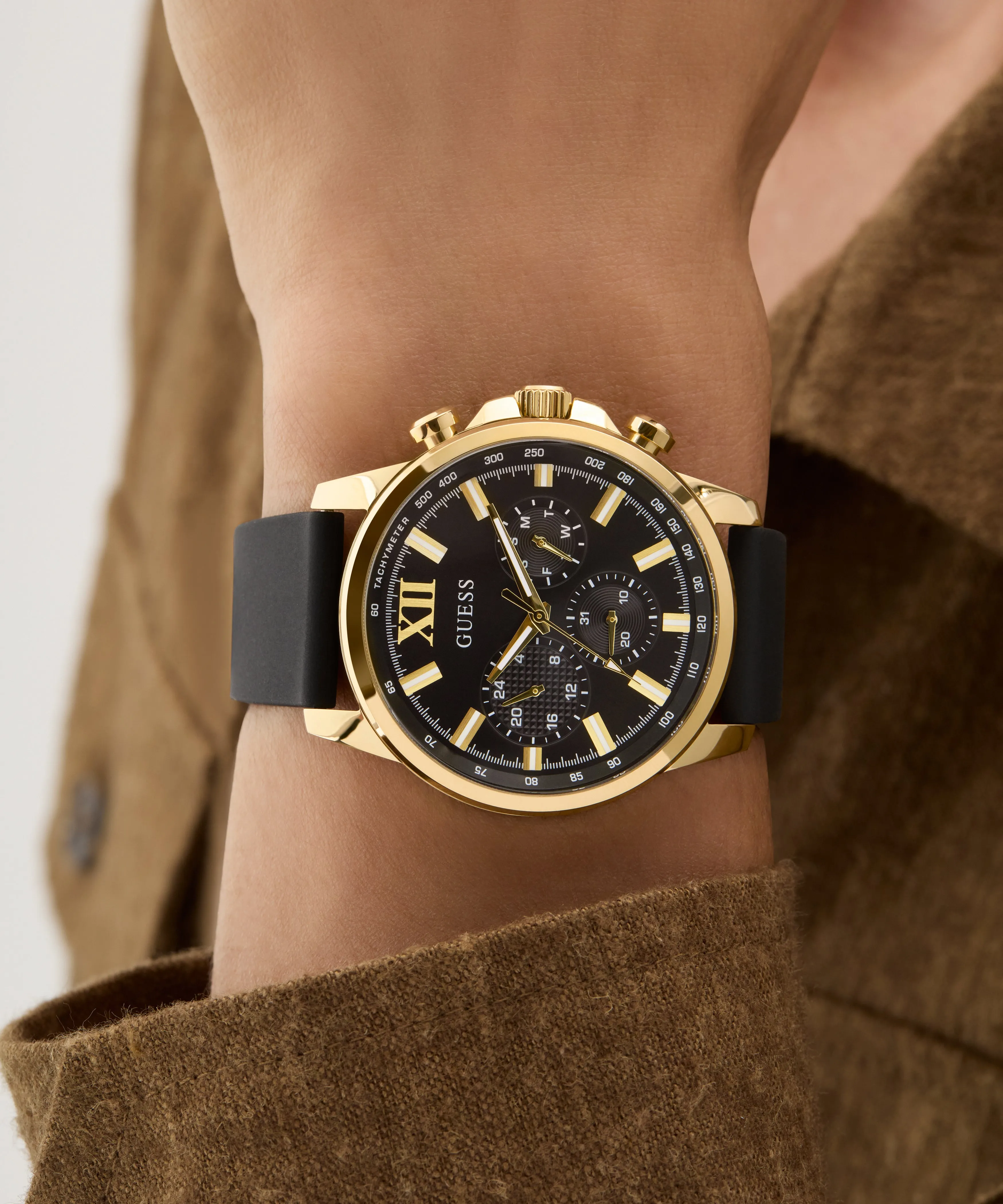 Guess Mens Gold Watches GUESS Mens Black Gold Tone Multi-function Watch