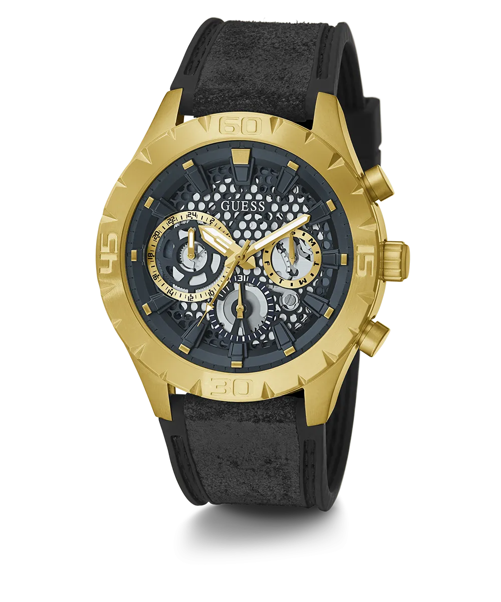 Guess Mens Gold Watches GUESS Mens Black Gold Tone Multi-function Watch