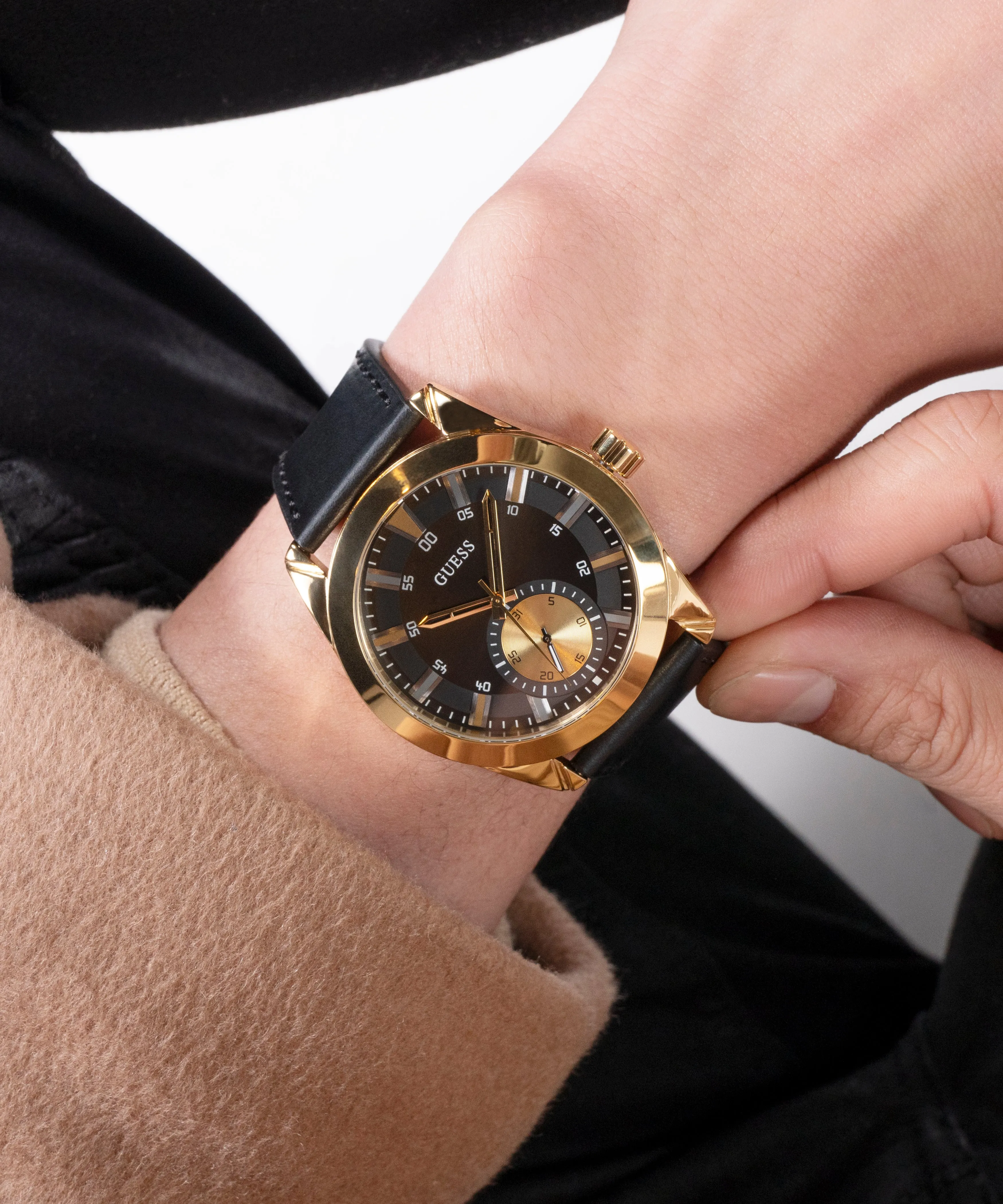 Guess Mens Gold Watches Guess Mens Black Gold Tone Multi-function Watch