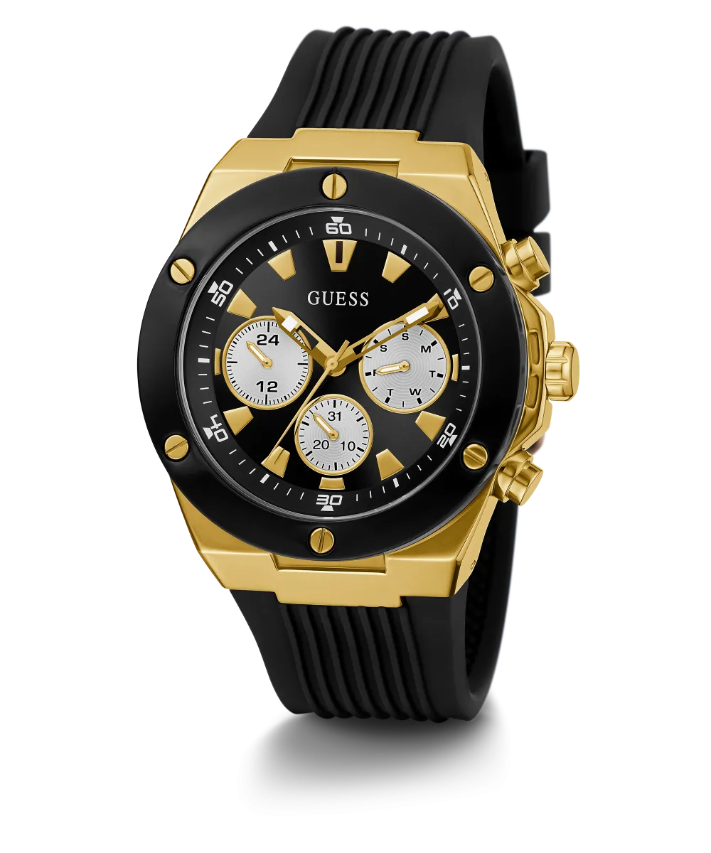 Guess Mens Gold Watches GUESS Mens Black Gold Tone Multi-function Watch