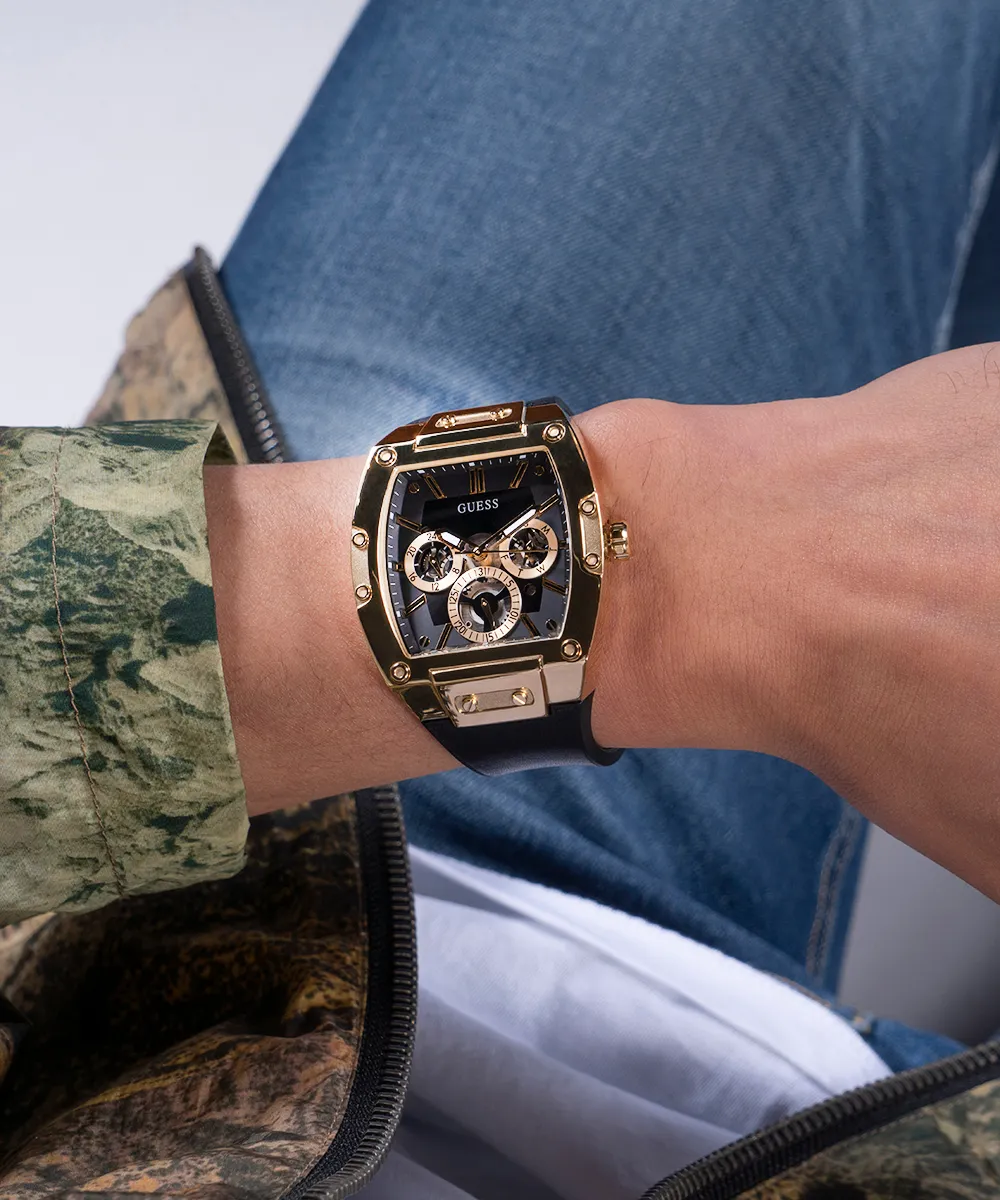 Guess Mens Gold Watches GUESS Mens Black Gold Tone Multi-function Watch