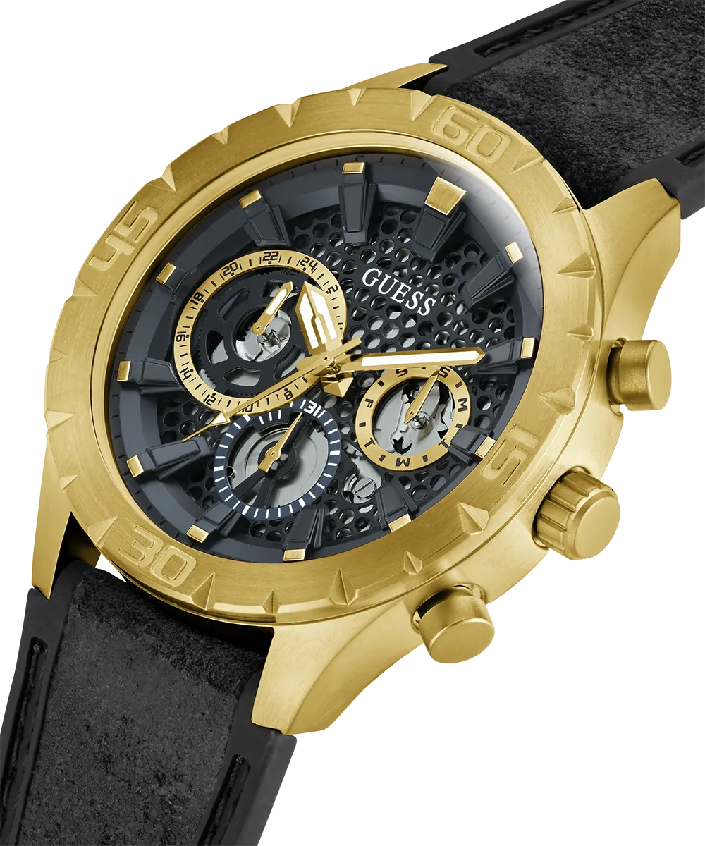 Guess Mens Gold Watches GUESS Mens Black Gold Tone Multi-function Watch