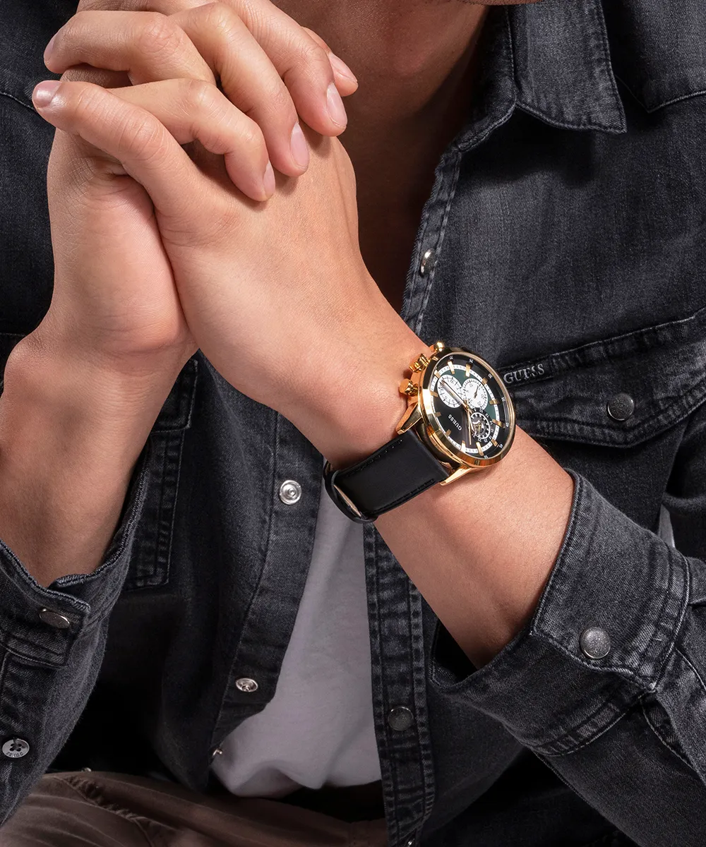 Guess Mens Gold Watches GUESS Mens Black Gold Tone Multi-function Watch