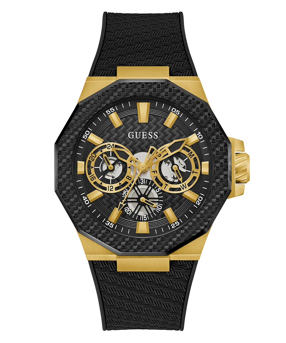 Guess Mens Gold Watches GUESS Mens Black Gold Tone Multi-function Watch