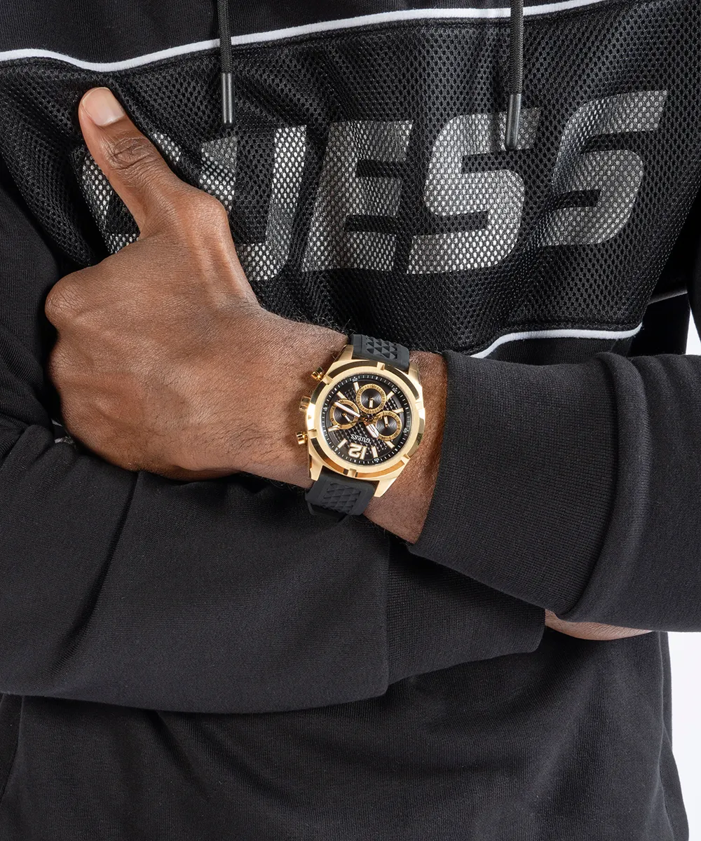 Guess Mens Gold Watches GUESS Mens Black Gold Tone Multi-function Watch