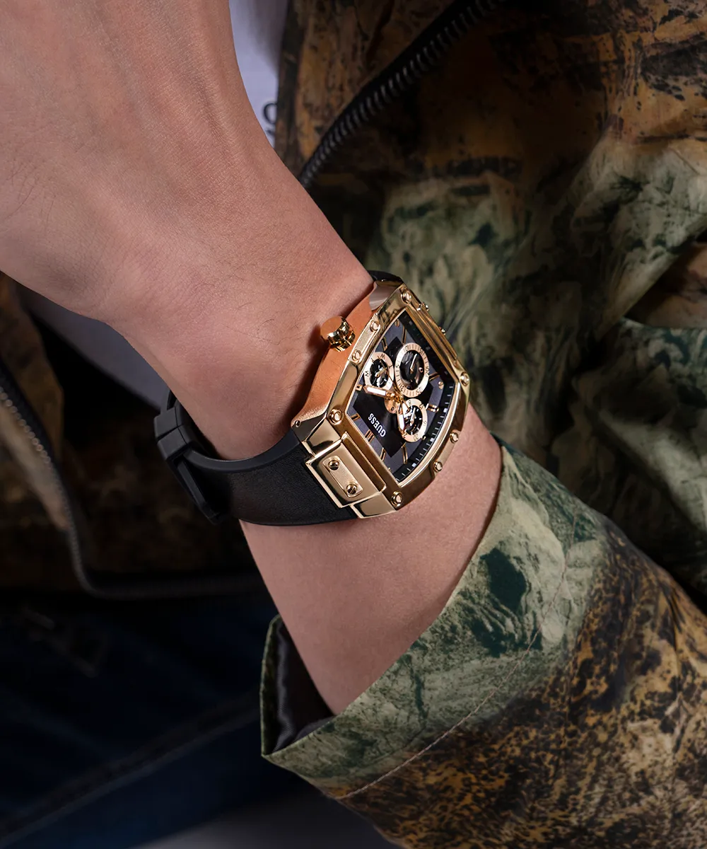 Guess Mens Gold Watches GUESS Mens Black Gold Tone Multi-function Watch