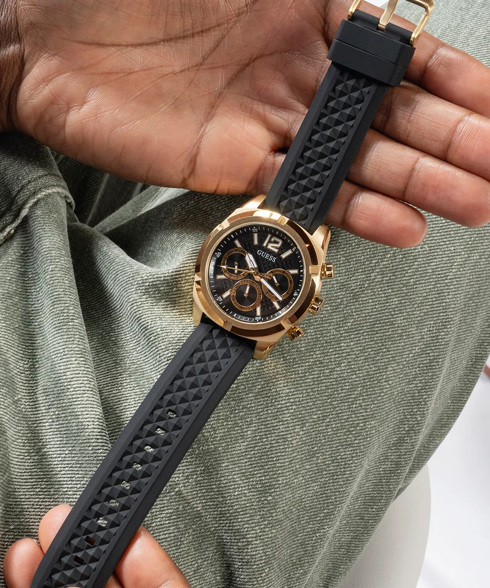 Guess Mens Gold Watches GUESS Mens Black Gold Tone Multi-function Watch