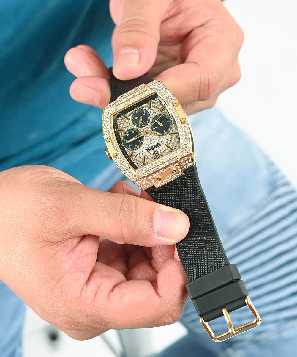 Guess Mens Gold Watches GUESS Mens Black Gold Tone Multi-function Watch