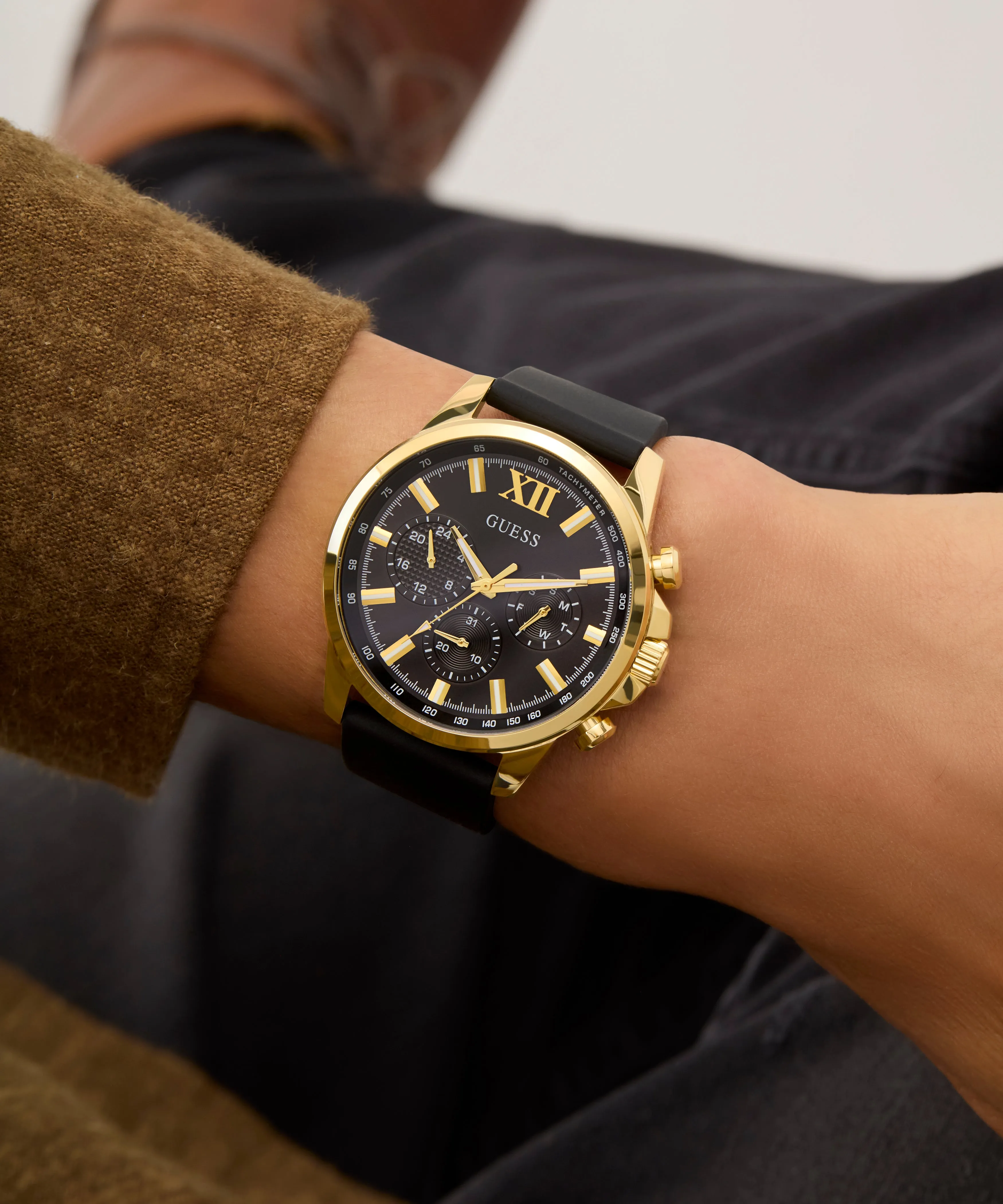 Guess Mens Gold Watches GUESS Mens Black Gold Tone Multi-function Watch