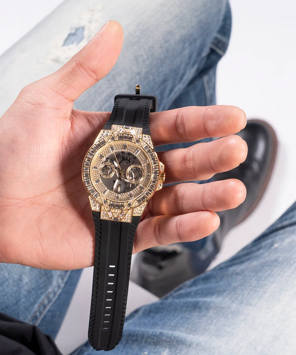 Guess Mens Gold Watches GUESS Mens Black Gold Tone Multi-function Watch