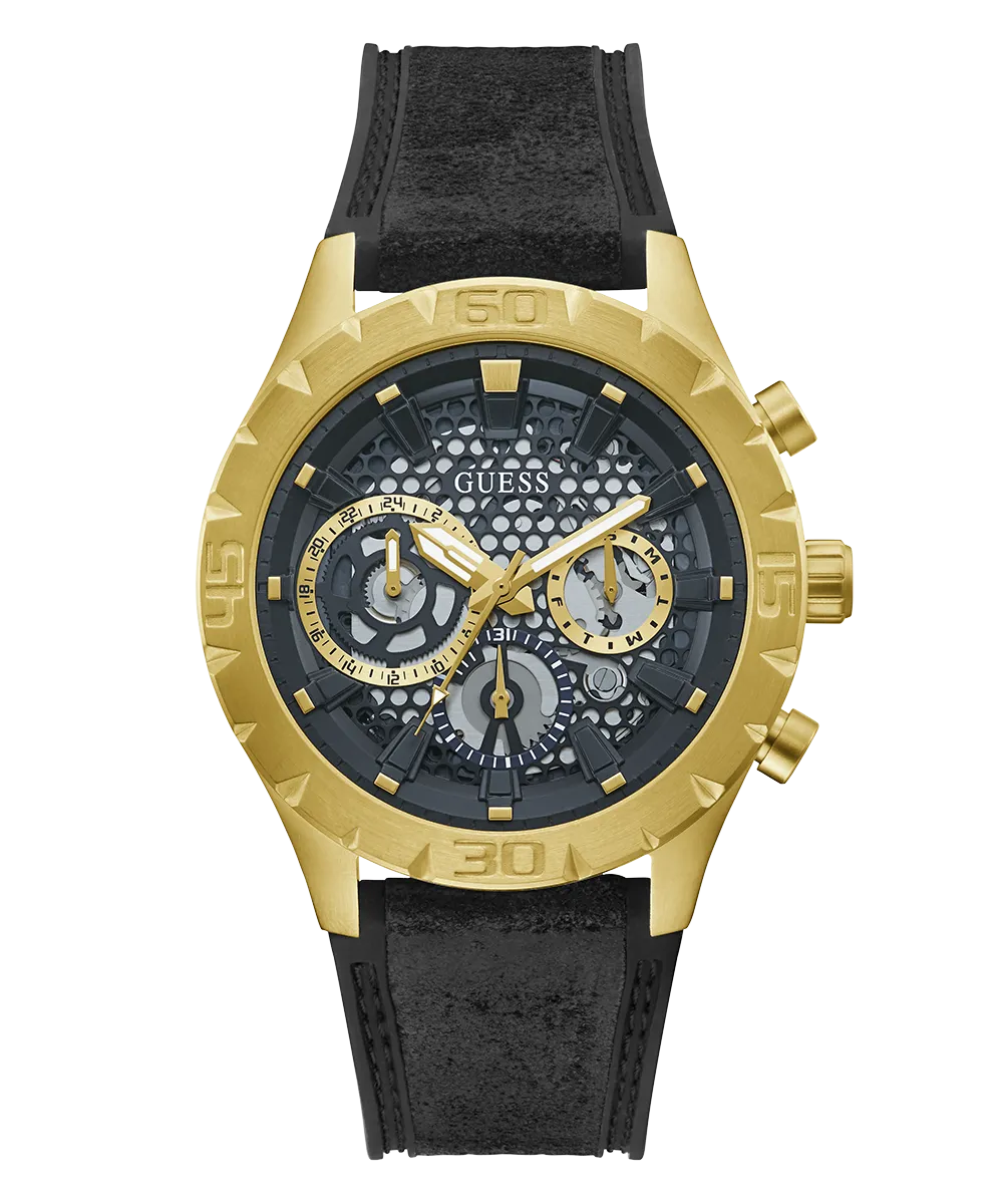 Guess Mens Gold Watches GUESS Mens Black Gold Tone Multi-function Watch