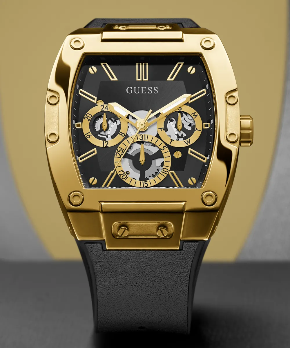 Guess Mens Gold Watches GUESS Mens Black Gold Tone Multi-function Watch