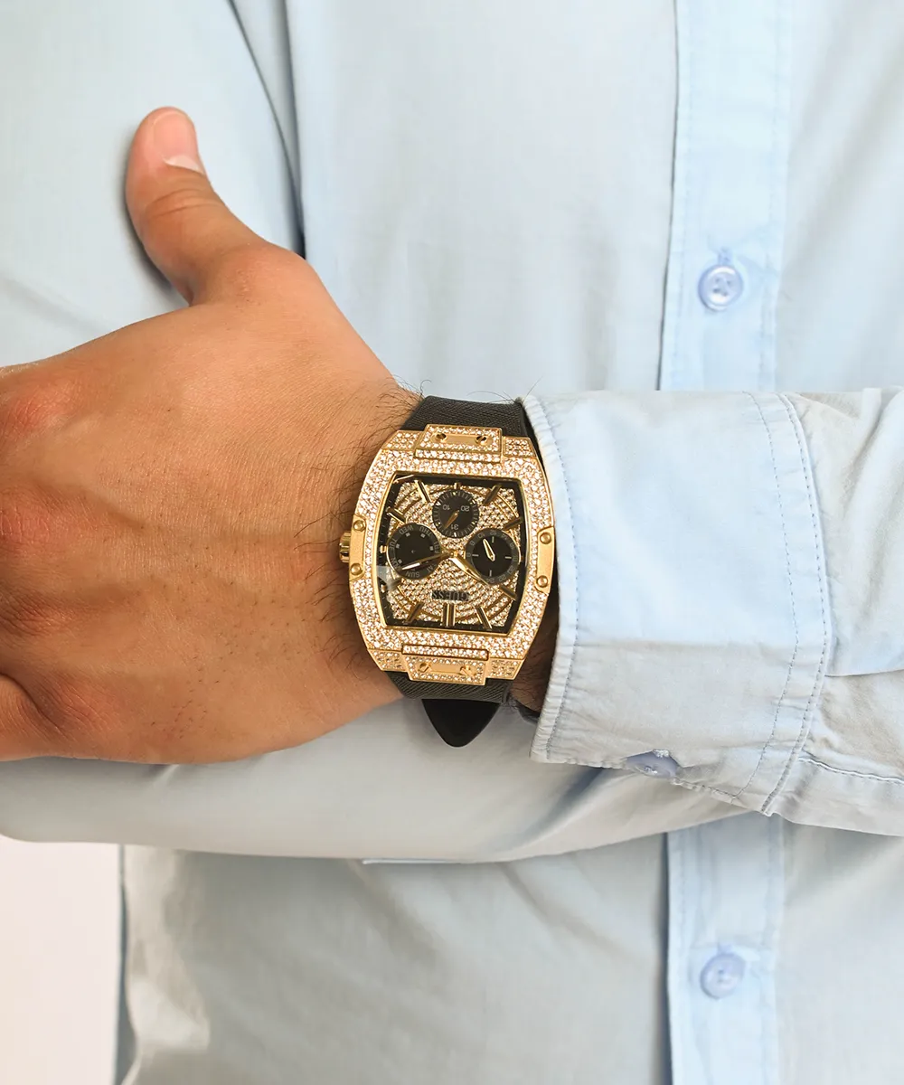 Guess Mens Gold Watches GUESS Mens Black Gold Tone Multi-function Watch