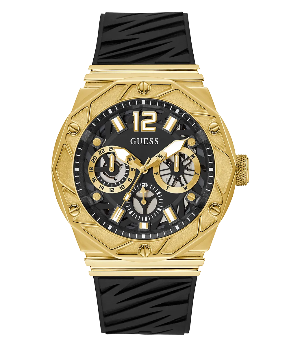Guess Mens Gold Watches GUESS Mens Black Gold Tone Multi-function Watch