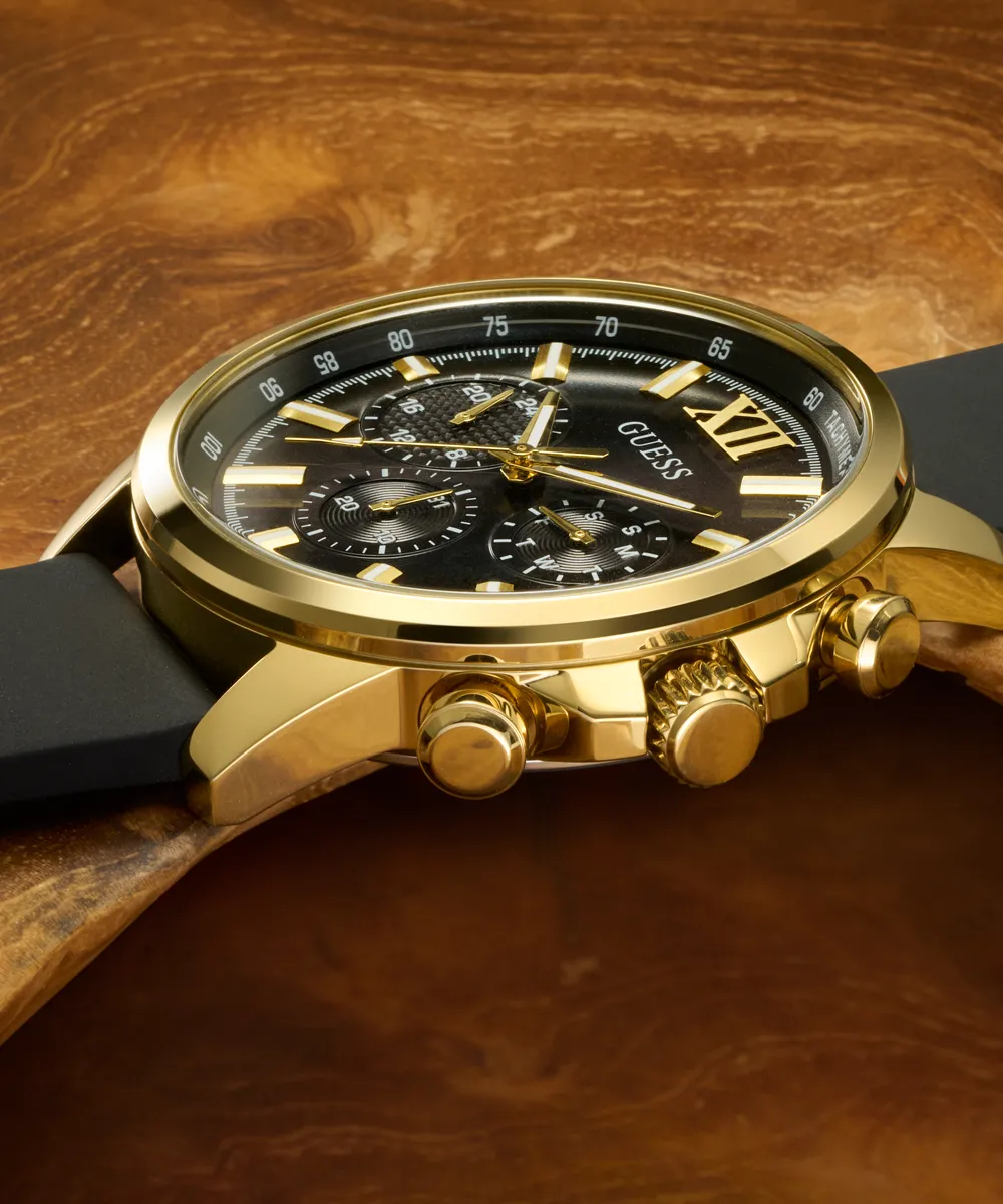 Guess Mens Gold Watches GUESS Mens Black Gold Tone Multi-function Watch