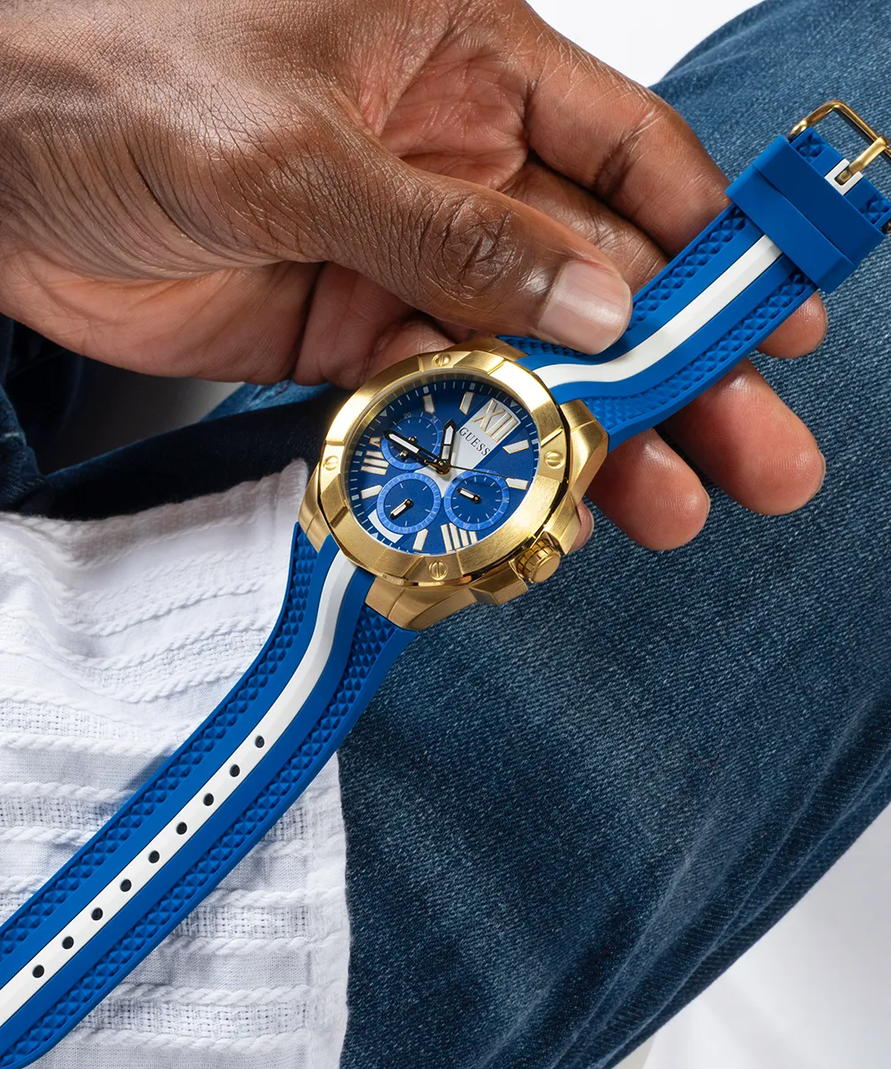 Guess Mens Gold Watches GUESS Mens Blue Gold Tone Multi-function Watch