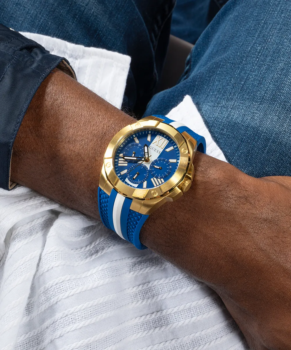 Guess Mens Gold Watches GUESS Mens Blue Gold Tone Multi-function Watch