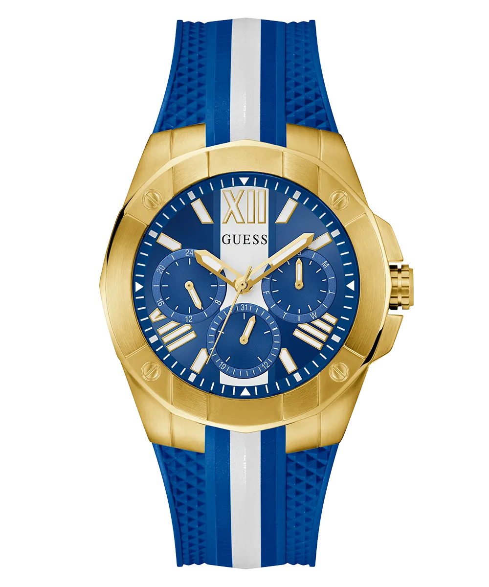Guess Mens Gold Watches GUESS Mens Blue Gold Tone Multi-function Watch