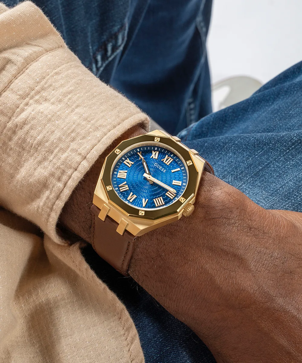 Guess Mens Gold Watches GUESS Mens Brown Gold Tone Analog Watch