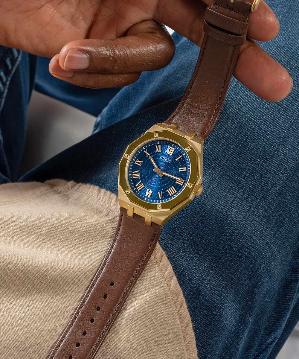 Guess Mens Gold Watches GUESS Mens Brown Gold Tone Analog Watch